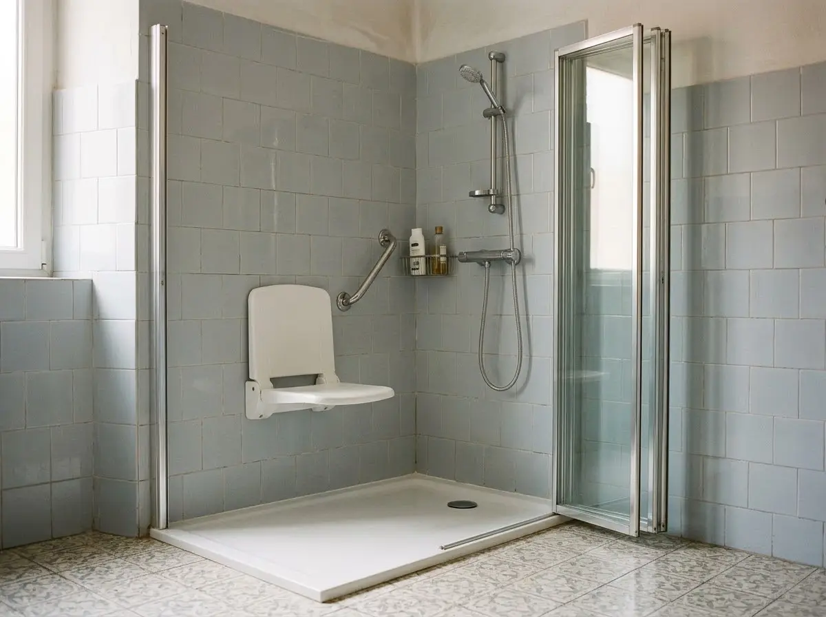Ducha adaptada con plato a ras de suelo, asiento abatible blanco y barra de apoyo en un baño de piso