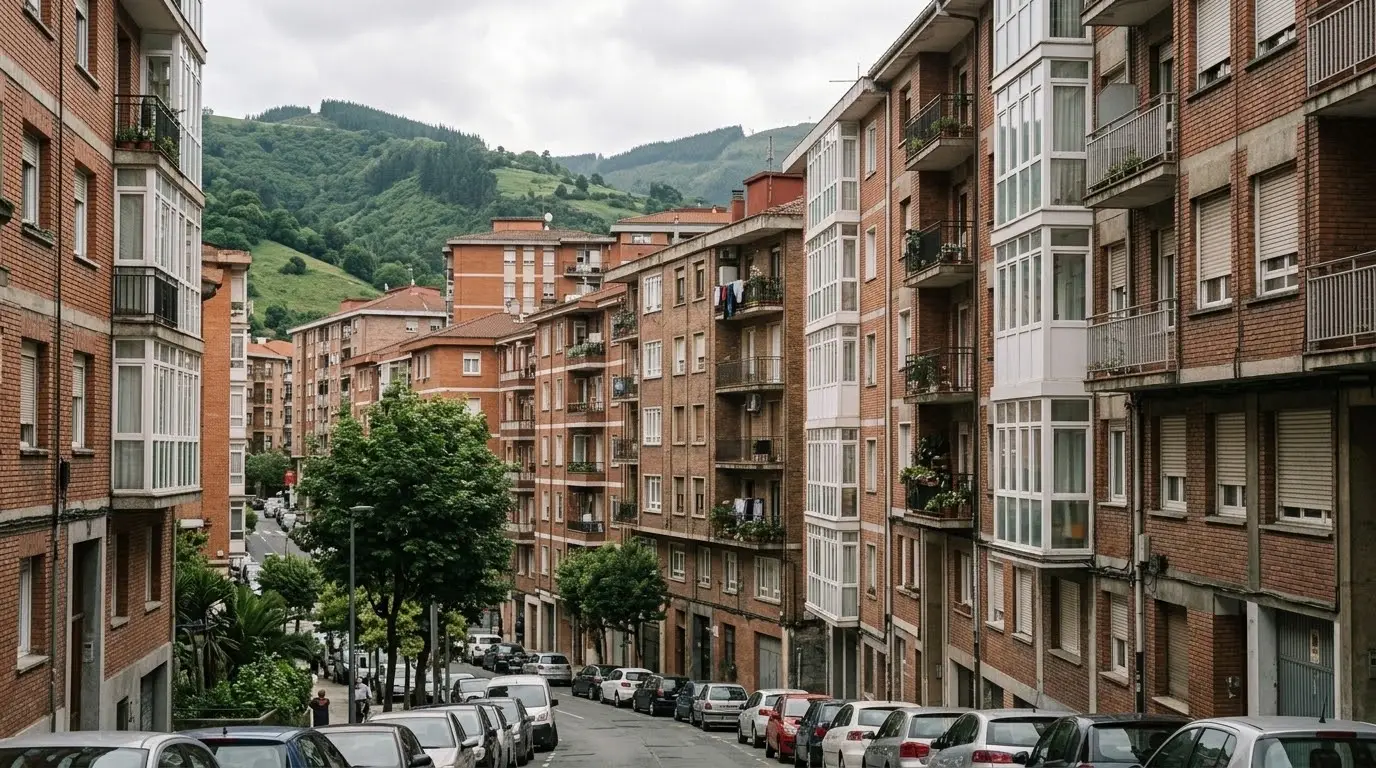 Calle de Barakaldo con bloques de pisos de ladrillo de los años sesenta y setenta en una tarde nublada