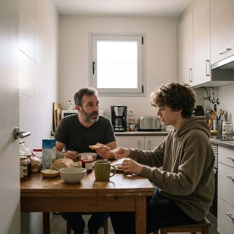 Padre y su hijo adolescente en la cocina de su casa por la mañana