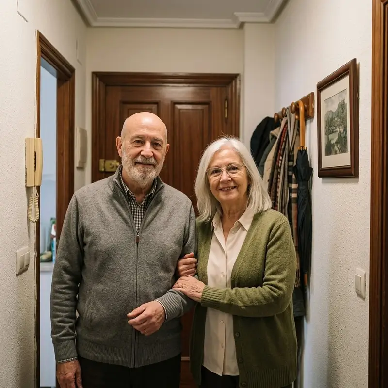Pareja de jubilados sonriendo en el pasillo de su piso