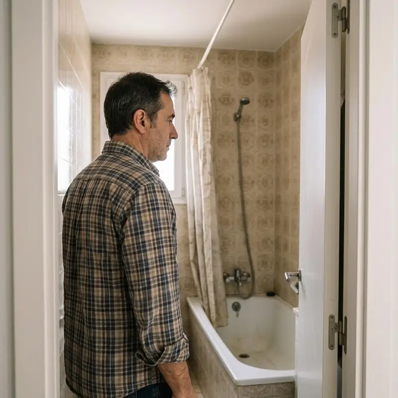 Hombre de mediana edad en la puerta de un baño estrecho de un piso antiguo