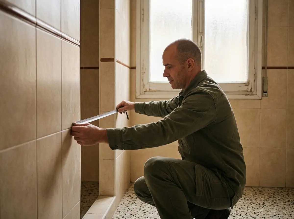 Instalador midiendo con un metro el hueco de una ducha entre dos paredes de azulejo