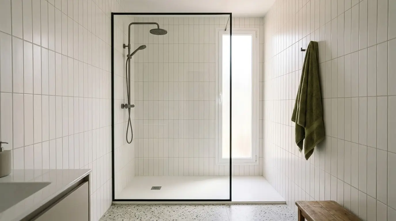 Mampara de cristal transparente con perfil negro fino en una ducha de un baño luminoso