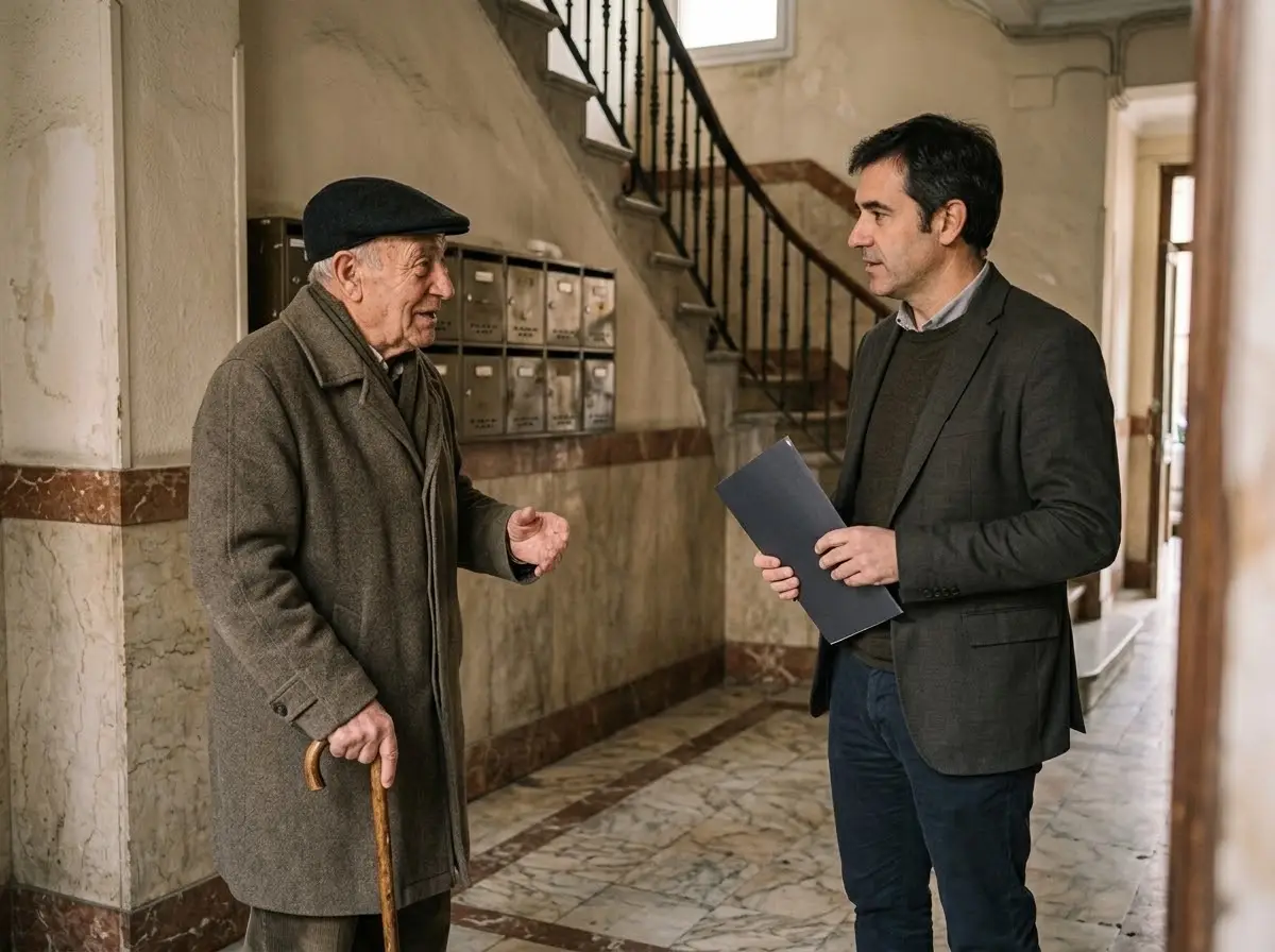 Vecino mayor hablando con el administrador de la comunidad en el portal de un edificio antiguo de Bilbao