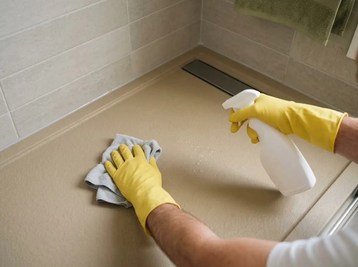 Manos con guantes limpiando con un paño de microfibra un plato de ducha de resina color arena