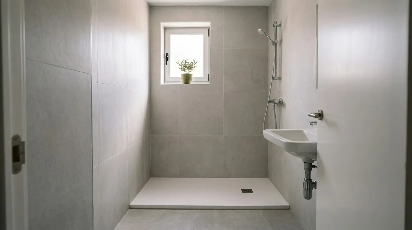 Plato de ducha blanco extraplano recién instalado en un baño con azulejo gris claro