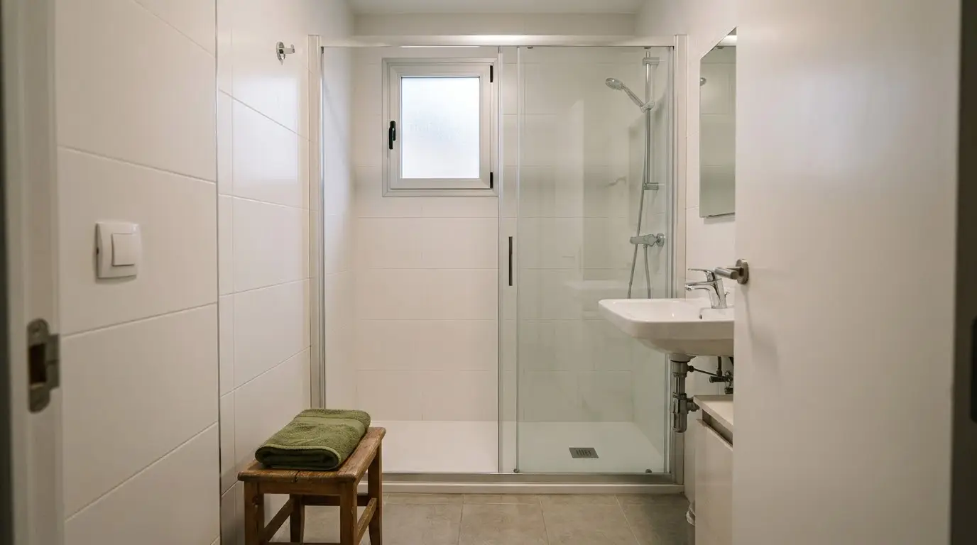Baño de un piso con un plato de ducha blanco a ras de suelo y mampara de cristal donde antes había una bañera