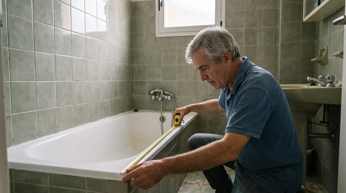 Hombre de unos sesenta años midiendo con un metro la bañera de su baño