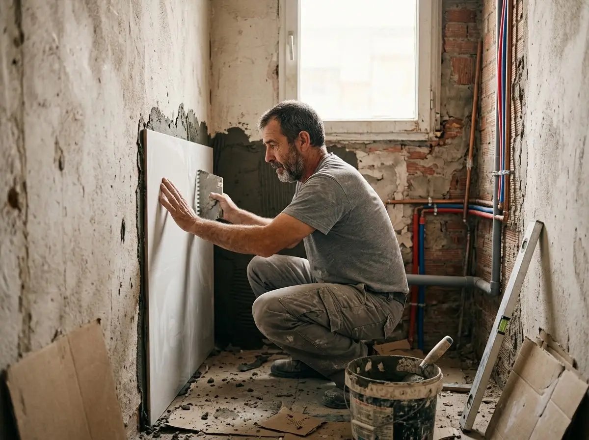 Albañil colocando azulejo blanco grande en la pared de un baño en obra