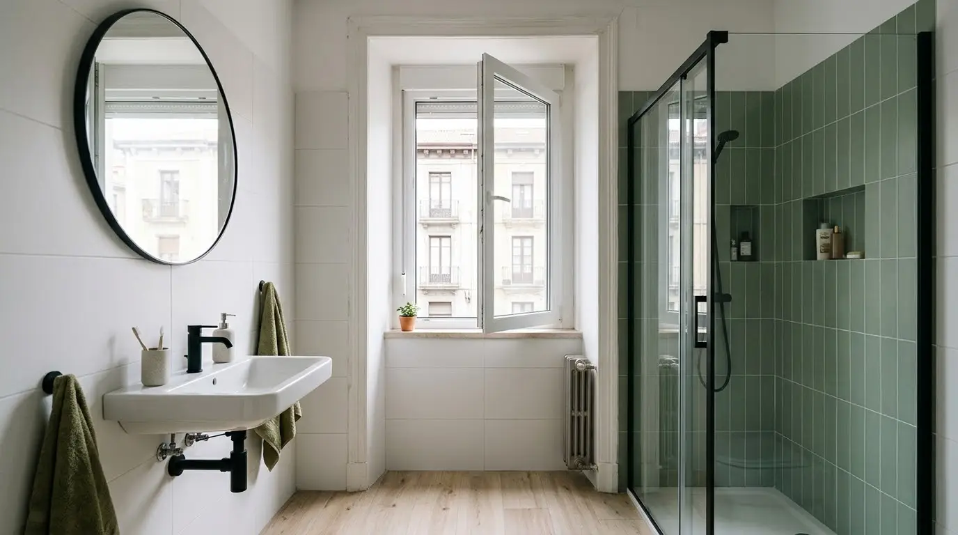 Baño de un piso recién reformado con azulejo blanco, ducha de azulejo verde con mampara, suelo imitación madera y lavabo suspendido