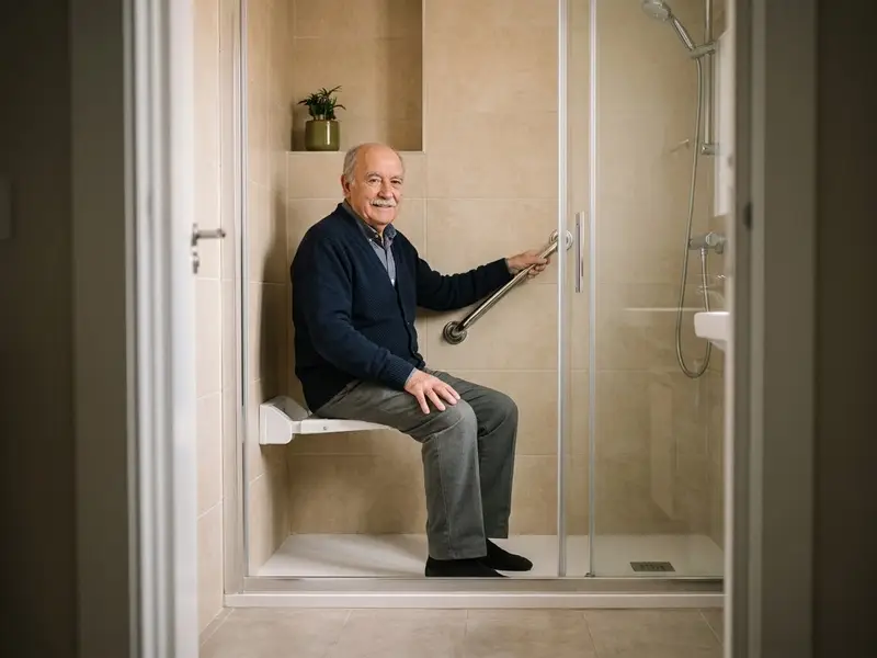 Hombre mayor, vestido, probando un asiento abatible en una ducha seca con barra de apoyo