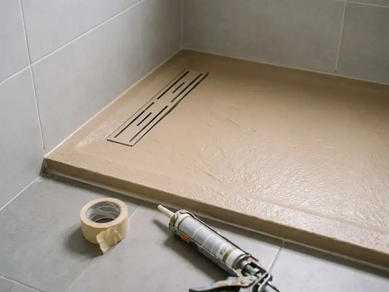Plato de ducha de resina color piedra recién colocado en un baño alicatado