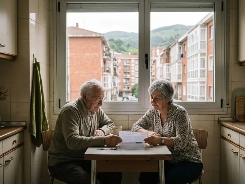 Pareja mayor mirando un presupuesto en la mesa de la cocina