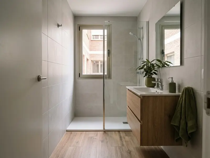 Baño reformado con azulejo claro, lavabo suspendido y ducha con mampara